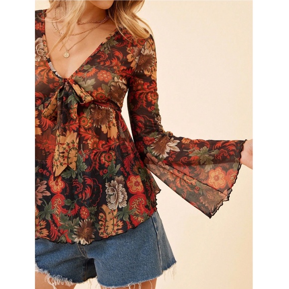 Sheer Mesh Bohemian Floral Flared V-Neck Shirt Long Bell Sleeve - Picture 9 of 13